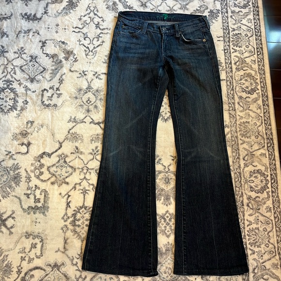 7 for All Mankind Flare Medium Blue Denim Jeans Green Signature Pocket 26 - Picture 2 of 14